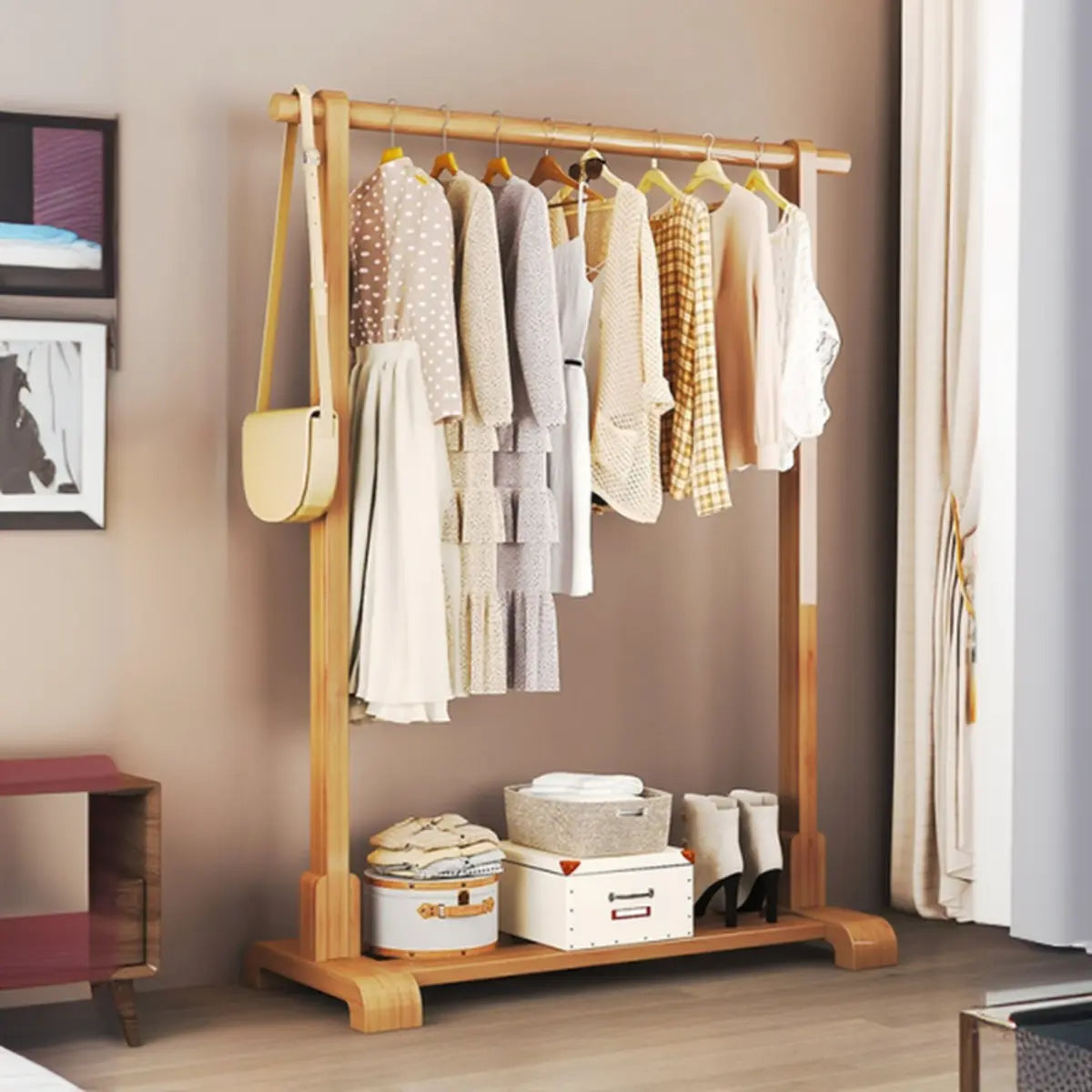 Natural Color Shelves and Hooks Wood Freestanding Coat Rack Image - 3