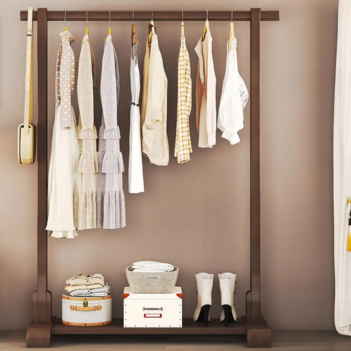 Natural Color Shelves and Hooks Wood Freestanding Coat Rack Image - 4