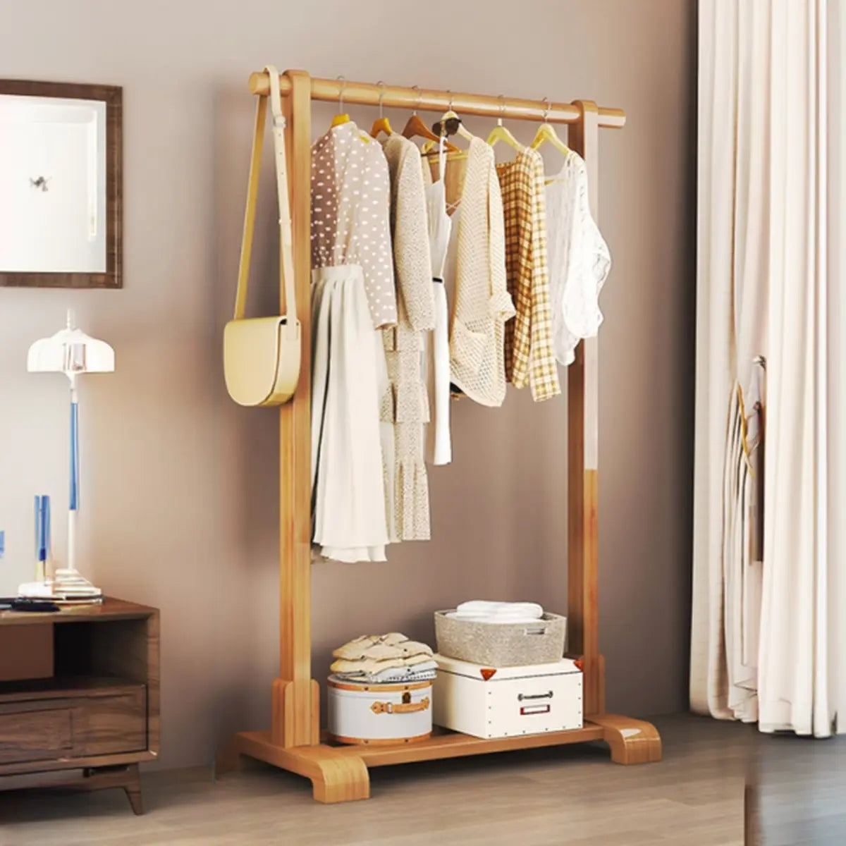 Natural Color Shelves and Hooks Wood Freestanding Coat Rack Image - 5