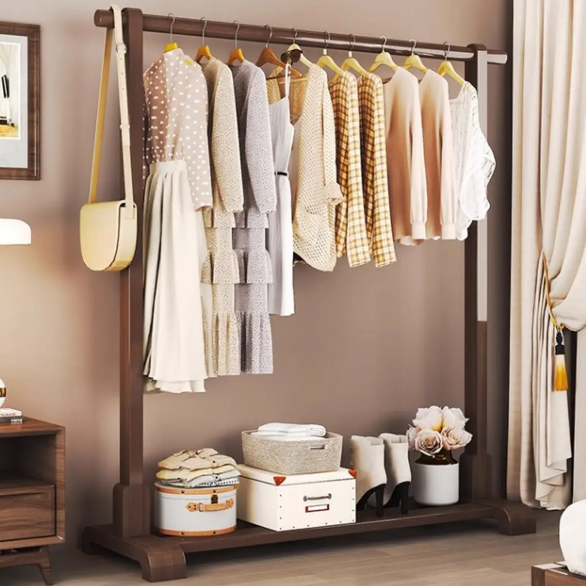 Natural Color Shelves and Hooks Wood Freestanding Coat Rack Image - 6