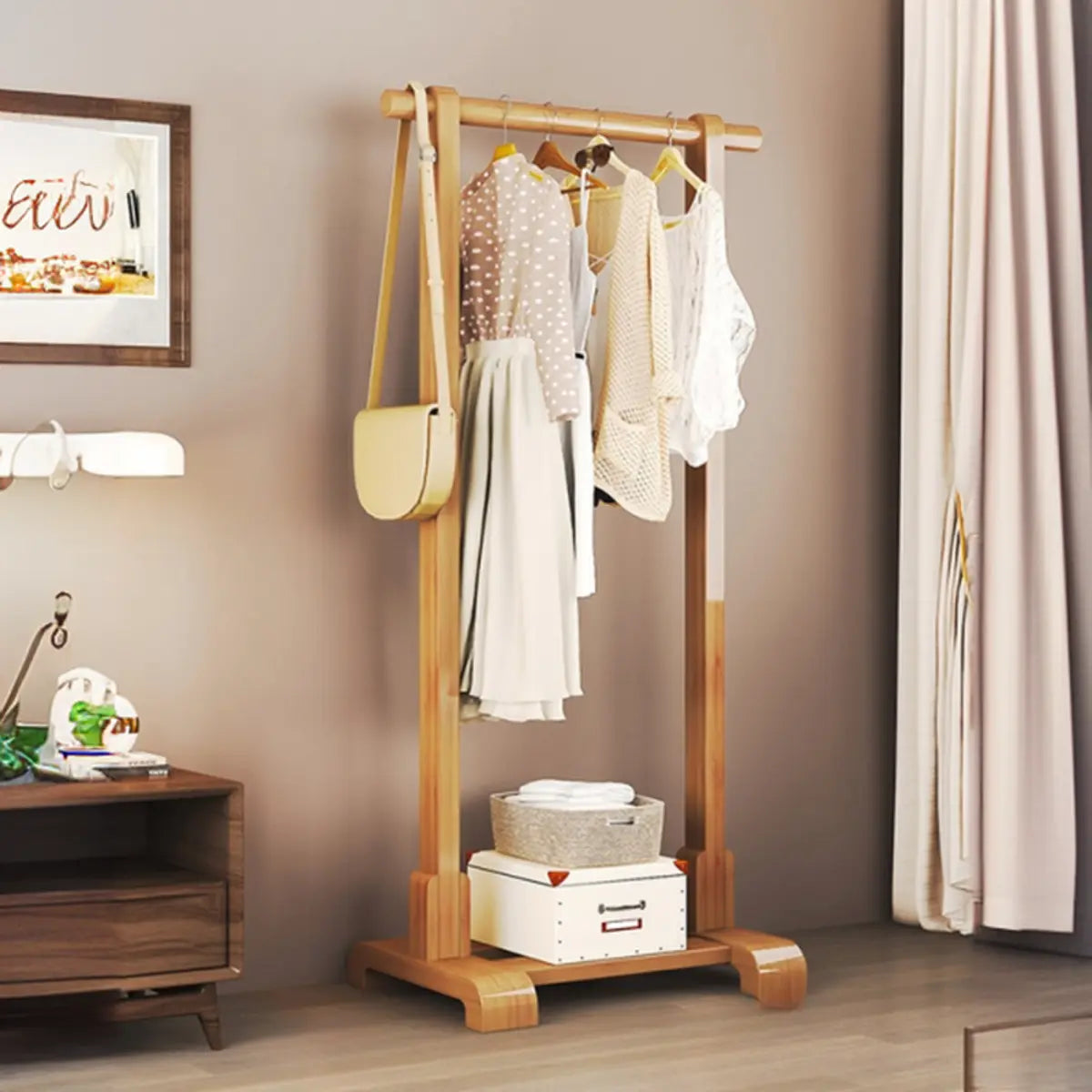 Natural Color Shelves and Hooks Wood Freestanding Coat Rack Image - 7