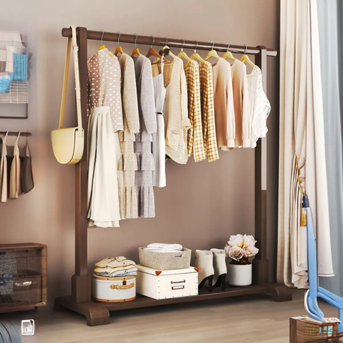 Natural Color Shelves and Hooks Wood Freestanding Coat Rack Image - 9