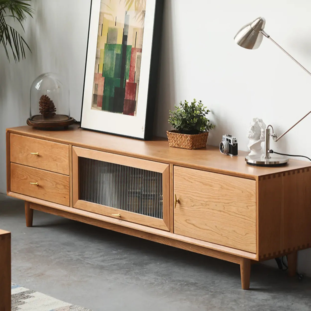 Natural Finish Cherry Wood Enclosed Storage TV Stand Image - 1