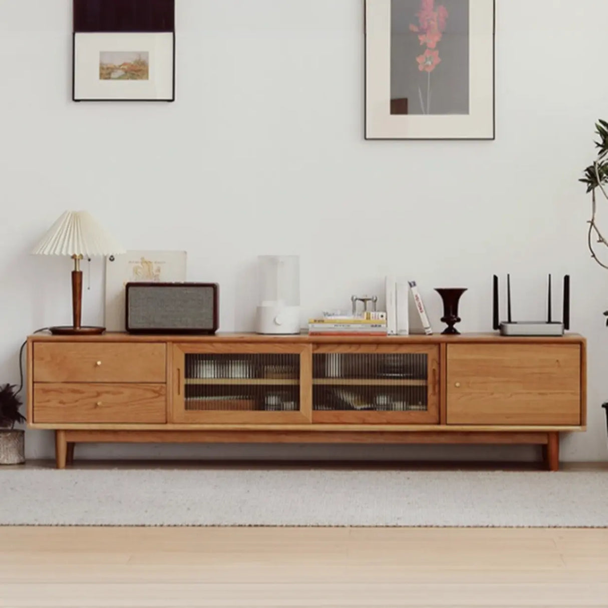 Natural Finish Cherry Wood Enclosed Storage TV Stand Image - 3