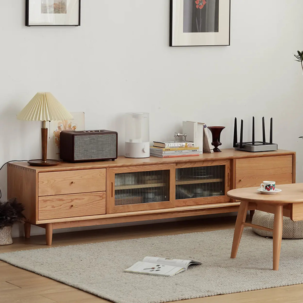 Natural Finish Cherry Wood Enclosed Storage TV Stand Image - 4