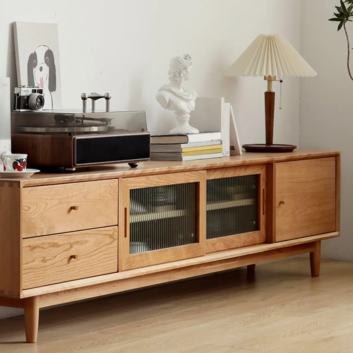 Natural Finish Cherry Wood Enclosed Storage TV Stand Image - 5