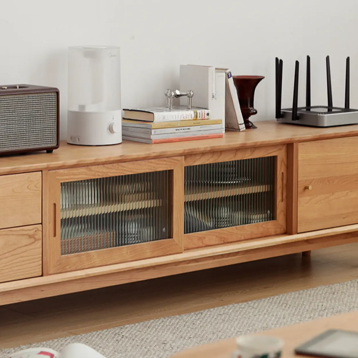 Natural Finish Cherry Wood Enclosed Storage TV Stand Image - 8