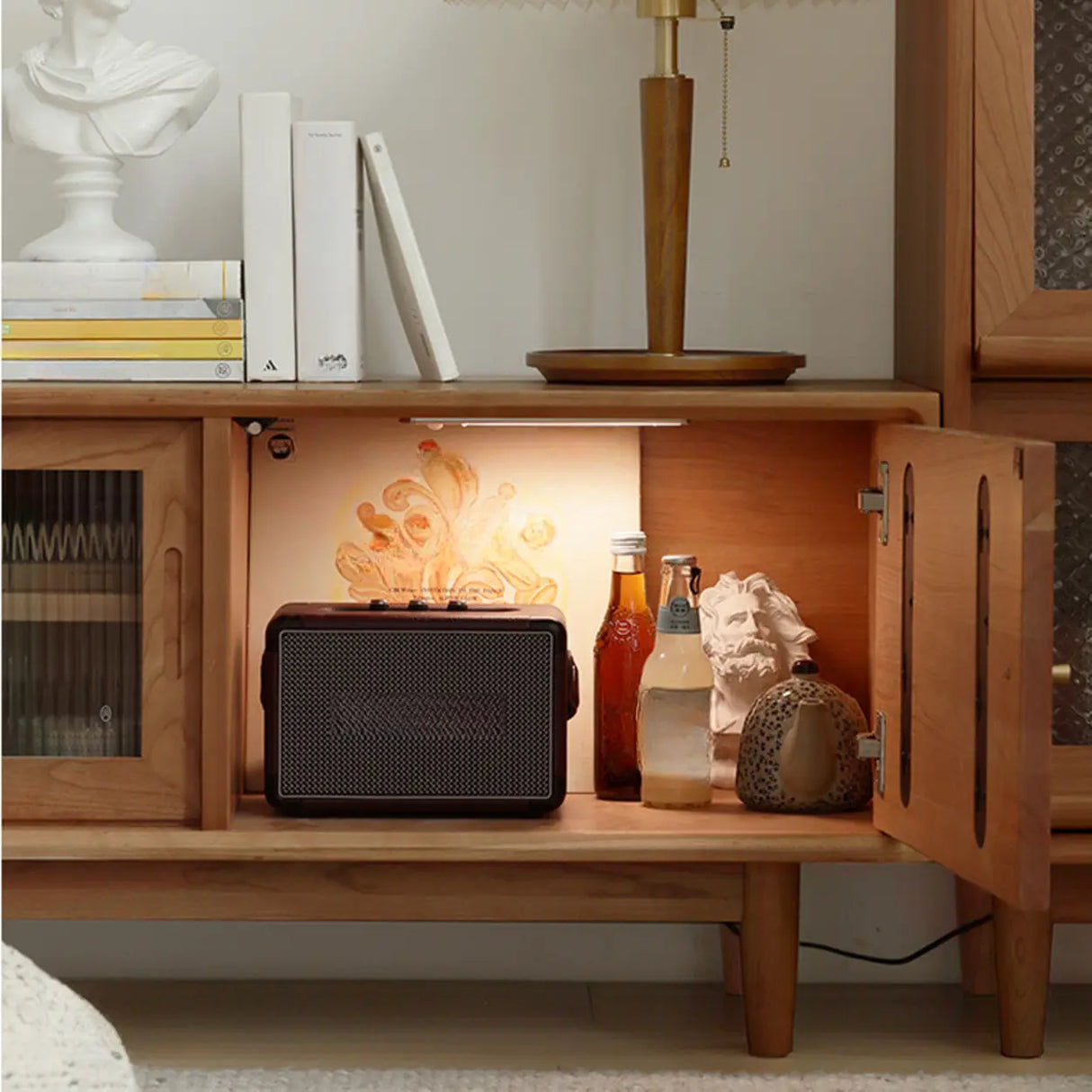 Natural Finish Cherry Wood Enclosed Storage TV Stand Image - 9