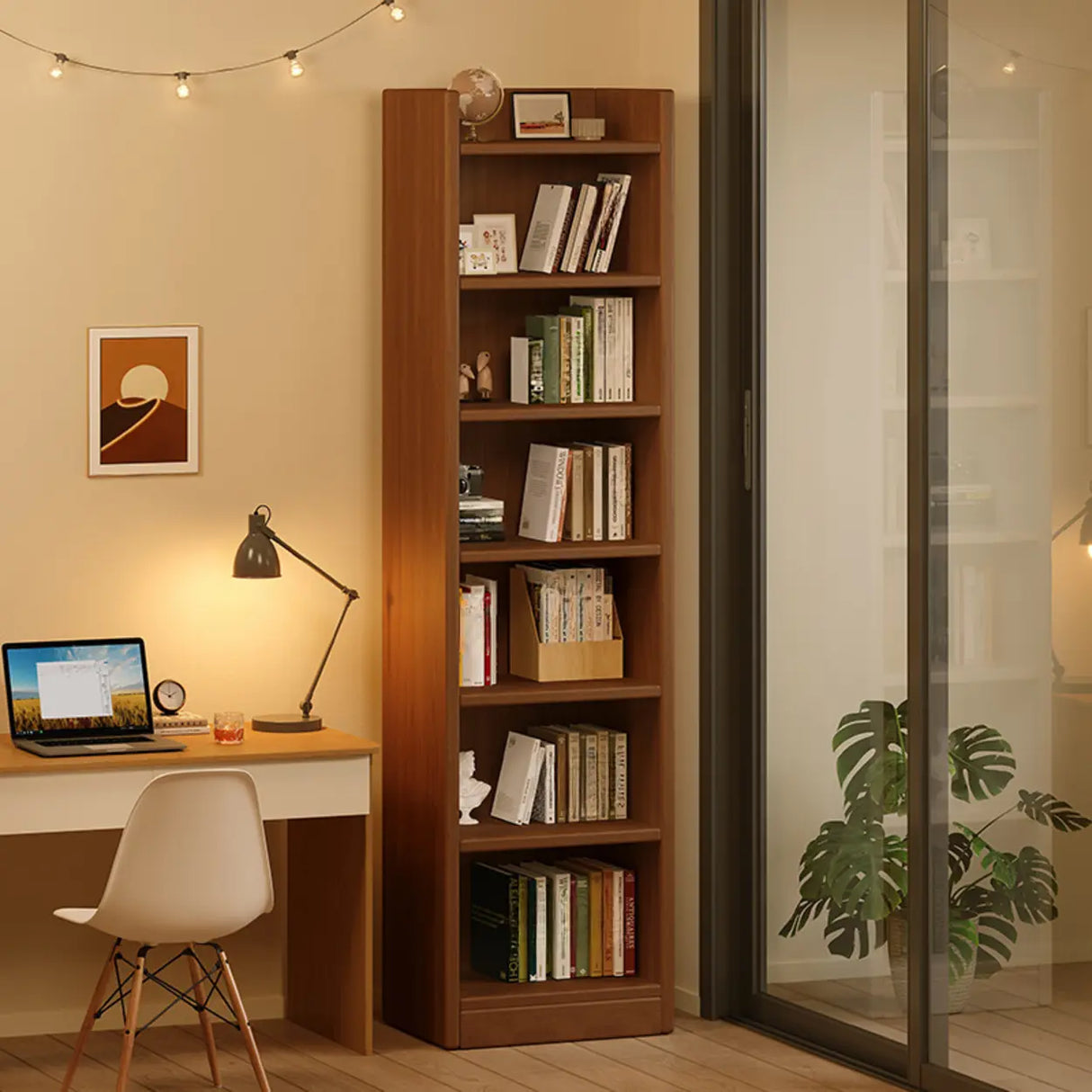 Natural Finish Classic Timber 7 Shelves Narrow Bookcase Image - 1