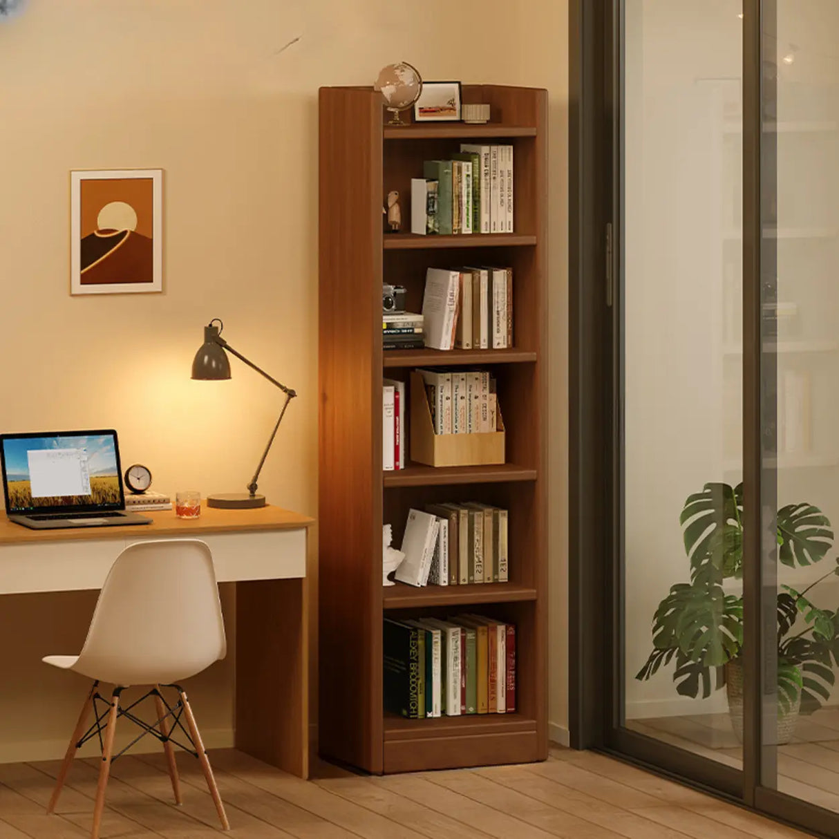 Natural Finish Classic Timber 7 Shelves Narrow Bookcase Image - 10