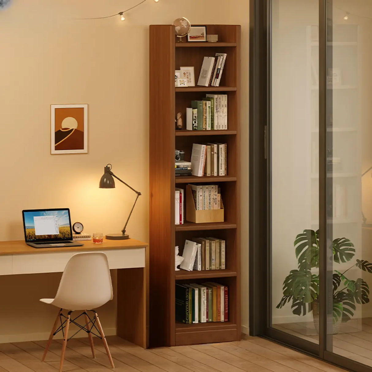 Natural Finish Classic Timber 7 Shelves Narrow Bookcase Image - 11