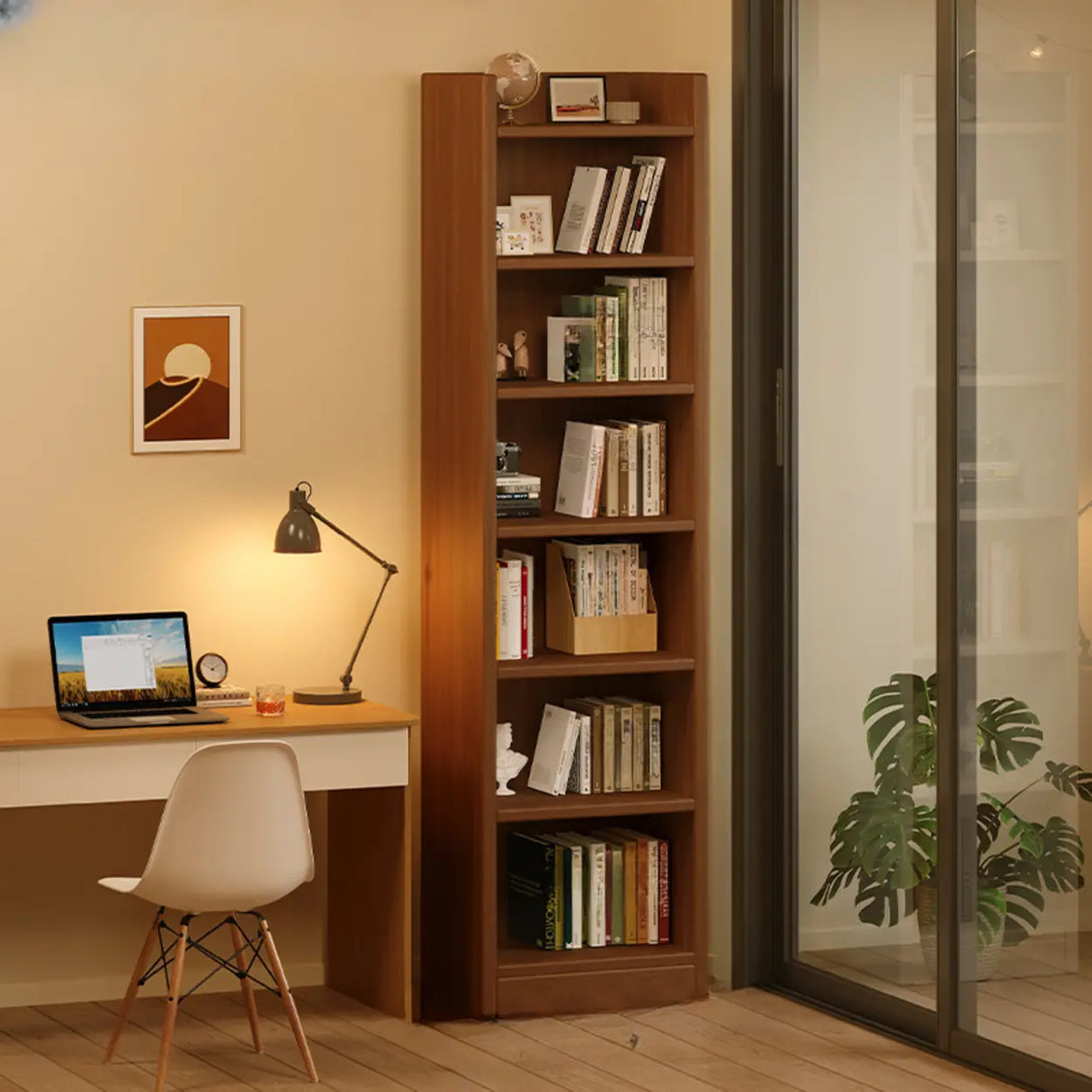 Natural Finish Classic Timber 7 Shelves Narrow Bookcase Image - 12