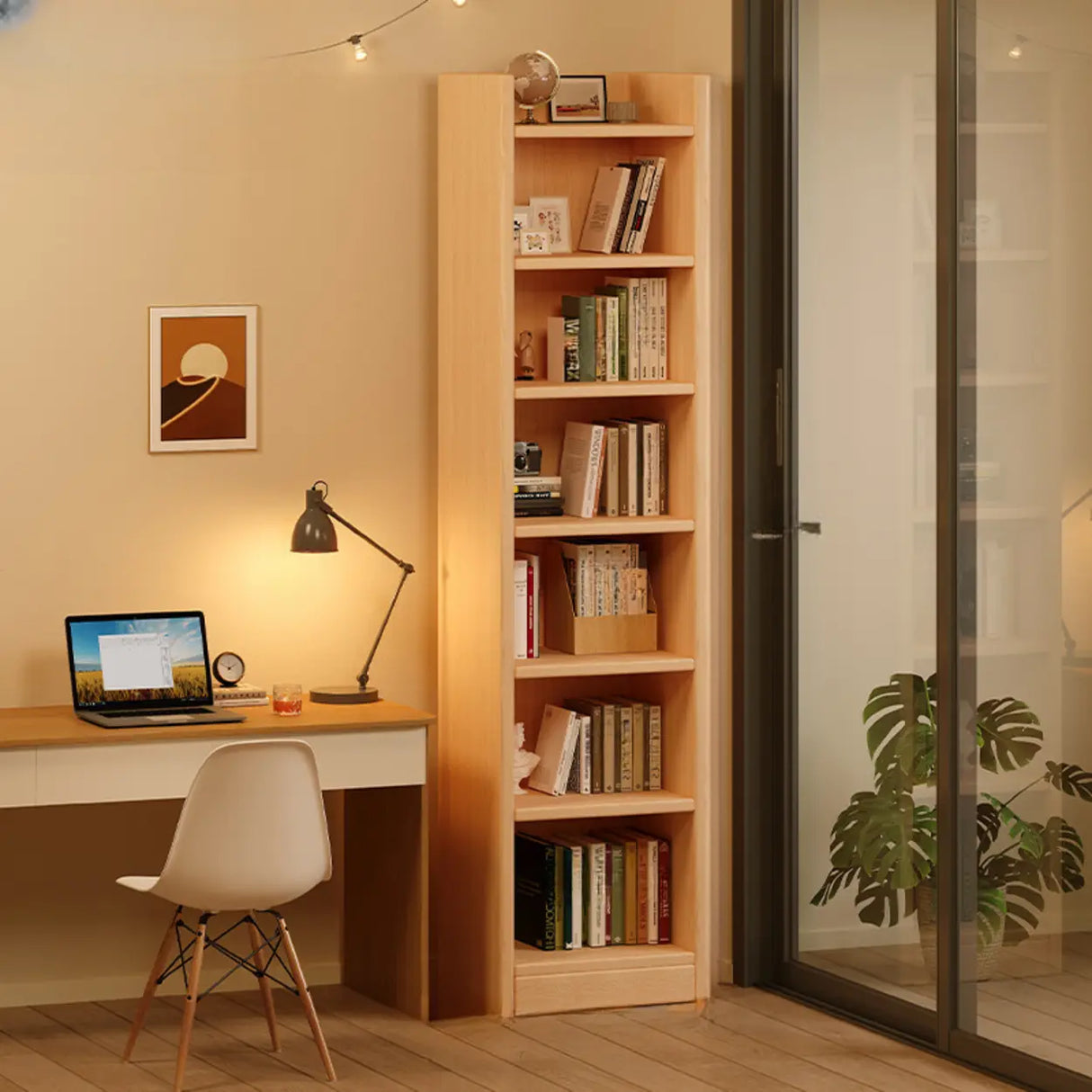 Natural Finish Classic Timber 7 Shelves Narrow Bookcase Image - 3