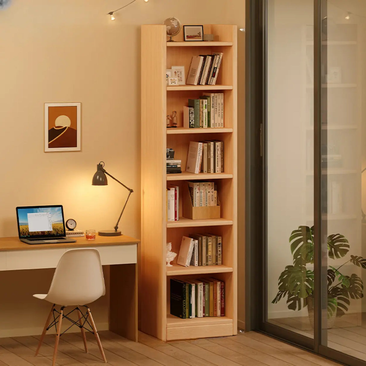 Natural Finish Classic Timber 7 Shelves Narrow Bookcase Image - 4