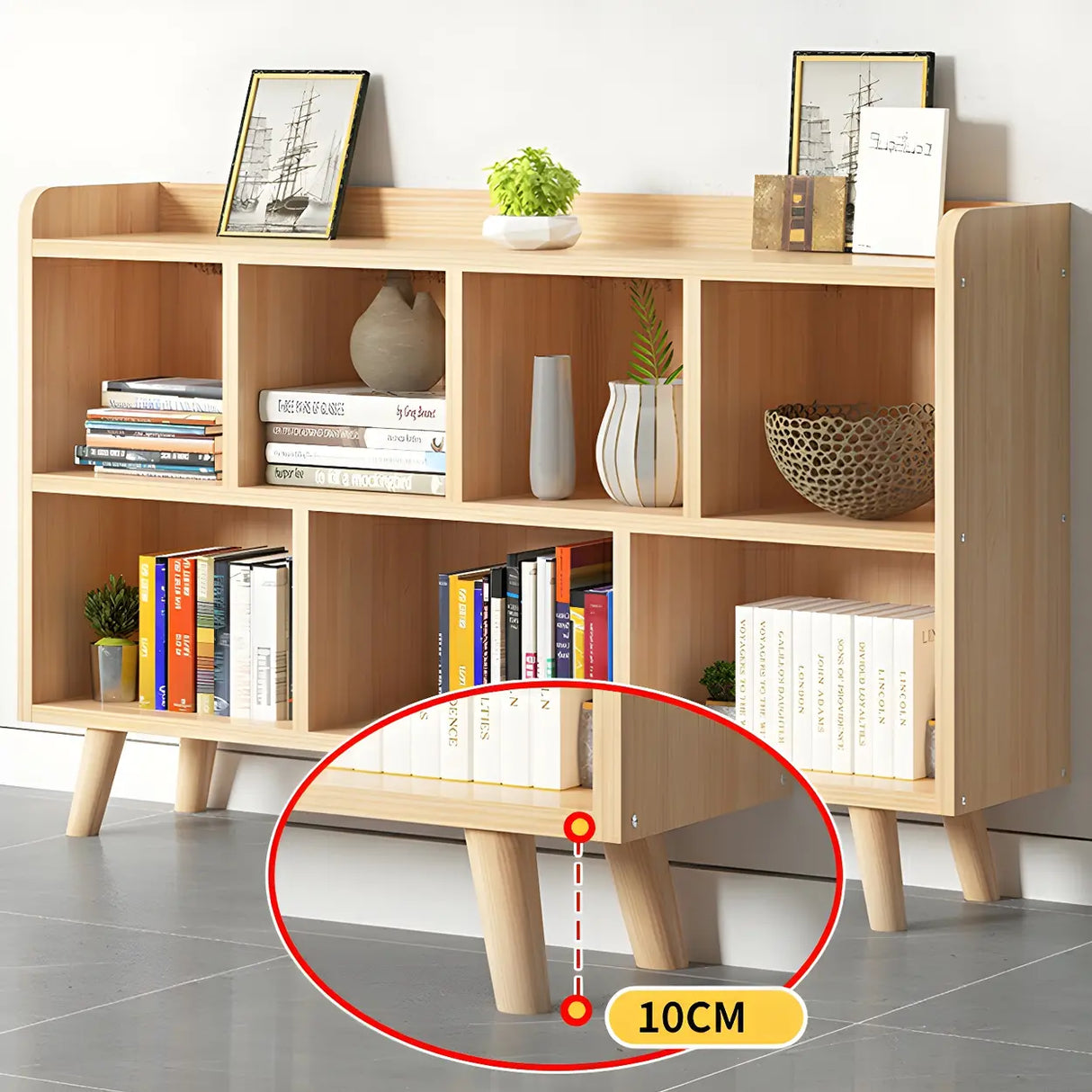 Natural Finish Closed Wood Horizontal Storage Bookcase Image - 11