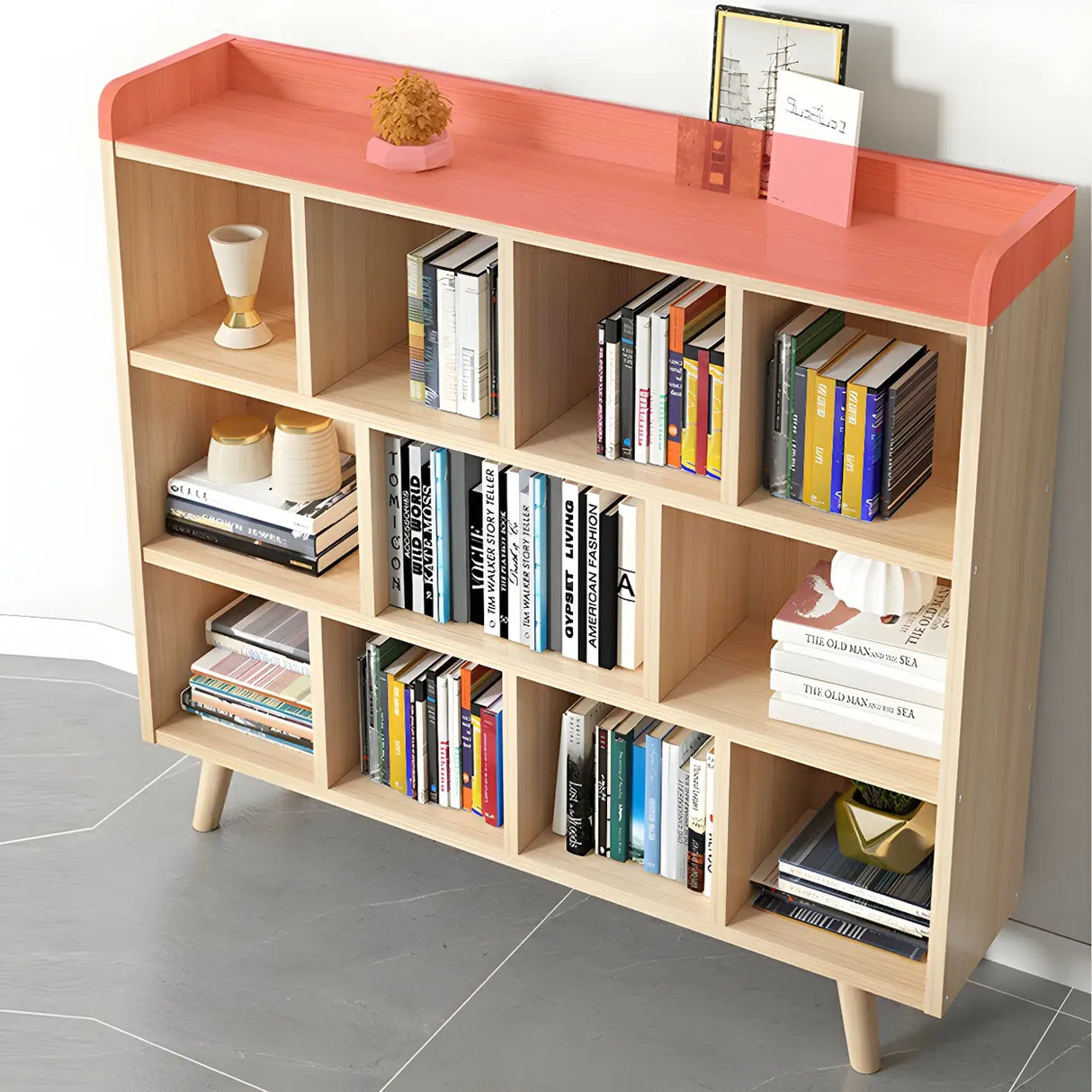 Natural Finish Closed Wood Horizontal Storage Bookcase Image - 14