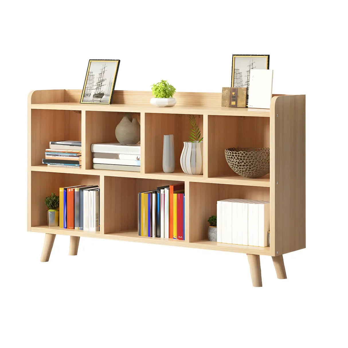 Natural Finish Closed Wood Horizontal Storage Bookcase Image - 2