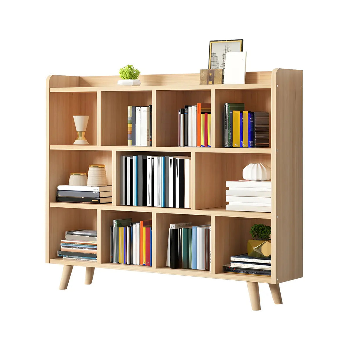 Natural Finish Closed Wood Horizontal Storage Bookcase Image - 3