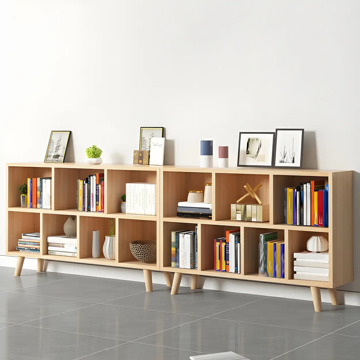 Natural Finish Closed Wood Horizontal Storage Bookcase Image - 4