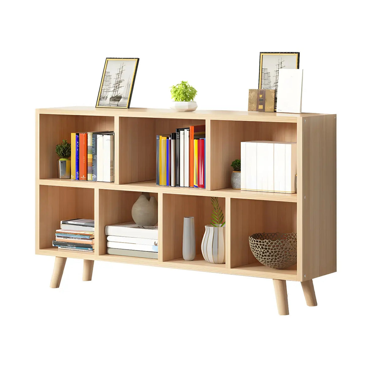 Natural Finish Closed Wood Horizontal Storage Bookcase Image - 5