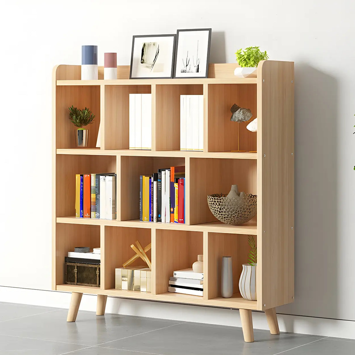 Natural Finish Closed Wood Horizontal Storage Bookcase Image - 6