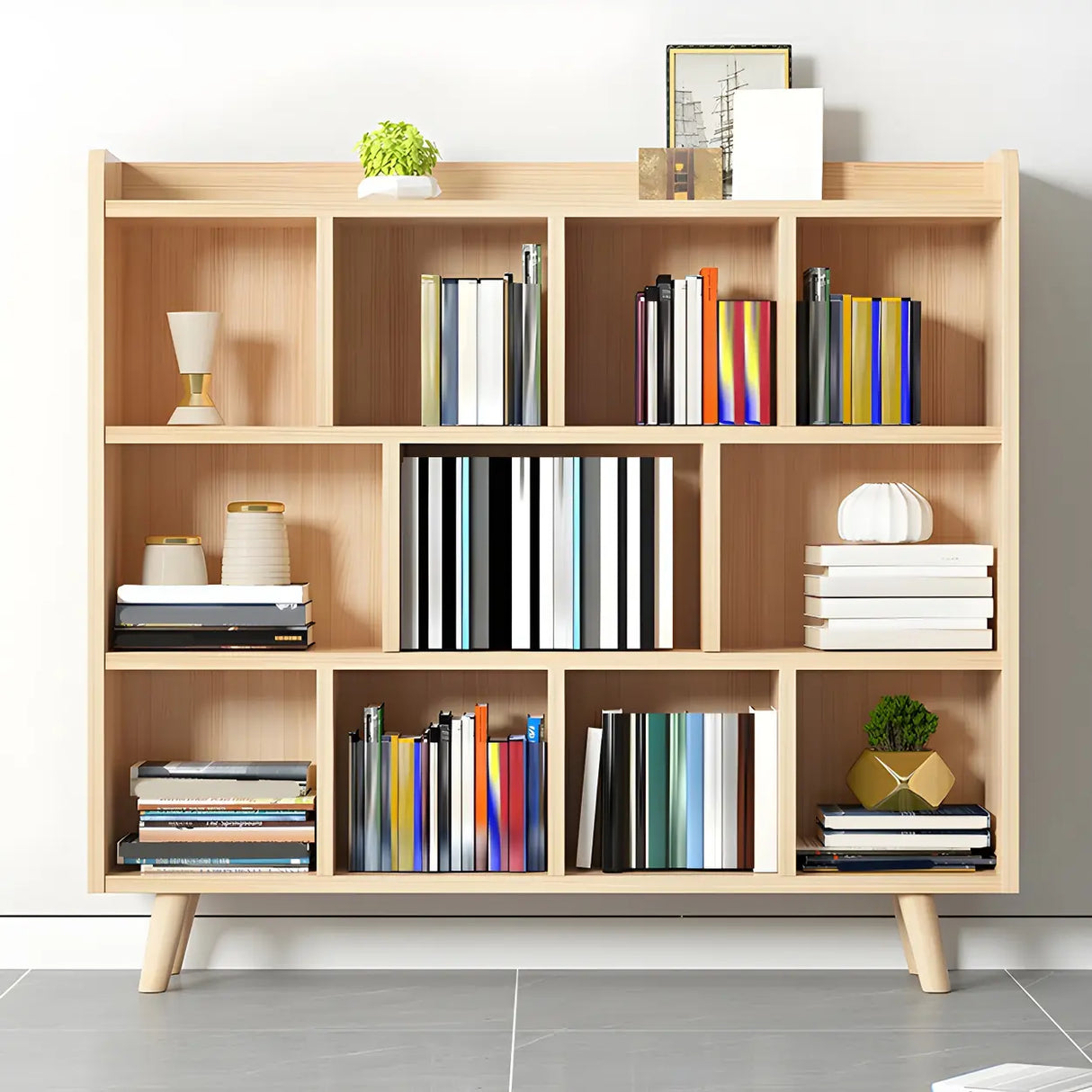 Natural Finish Closed Wood Horizontal Storage Bookcase Image - 7