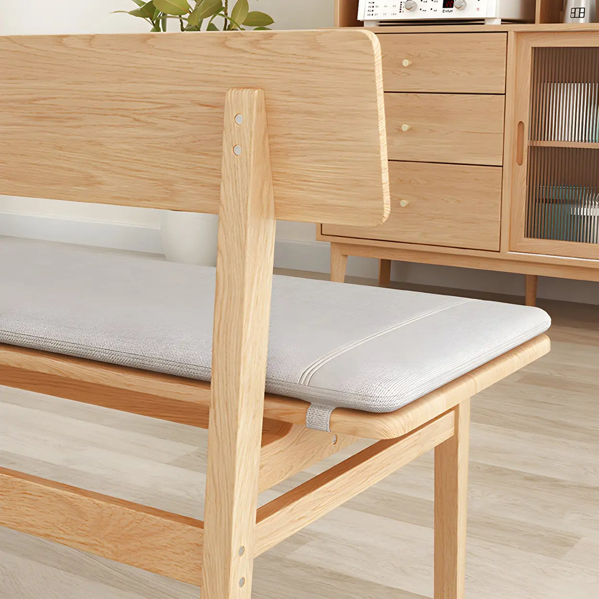 Natural Finish Cushioned Dining Bench with Back and Leg Image - 11