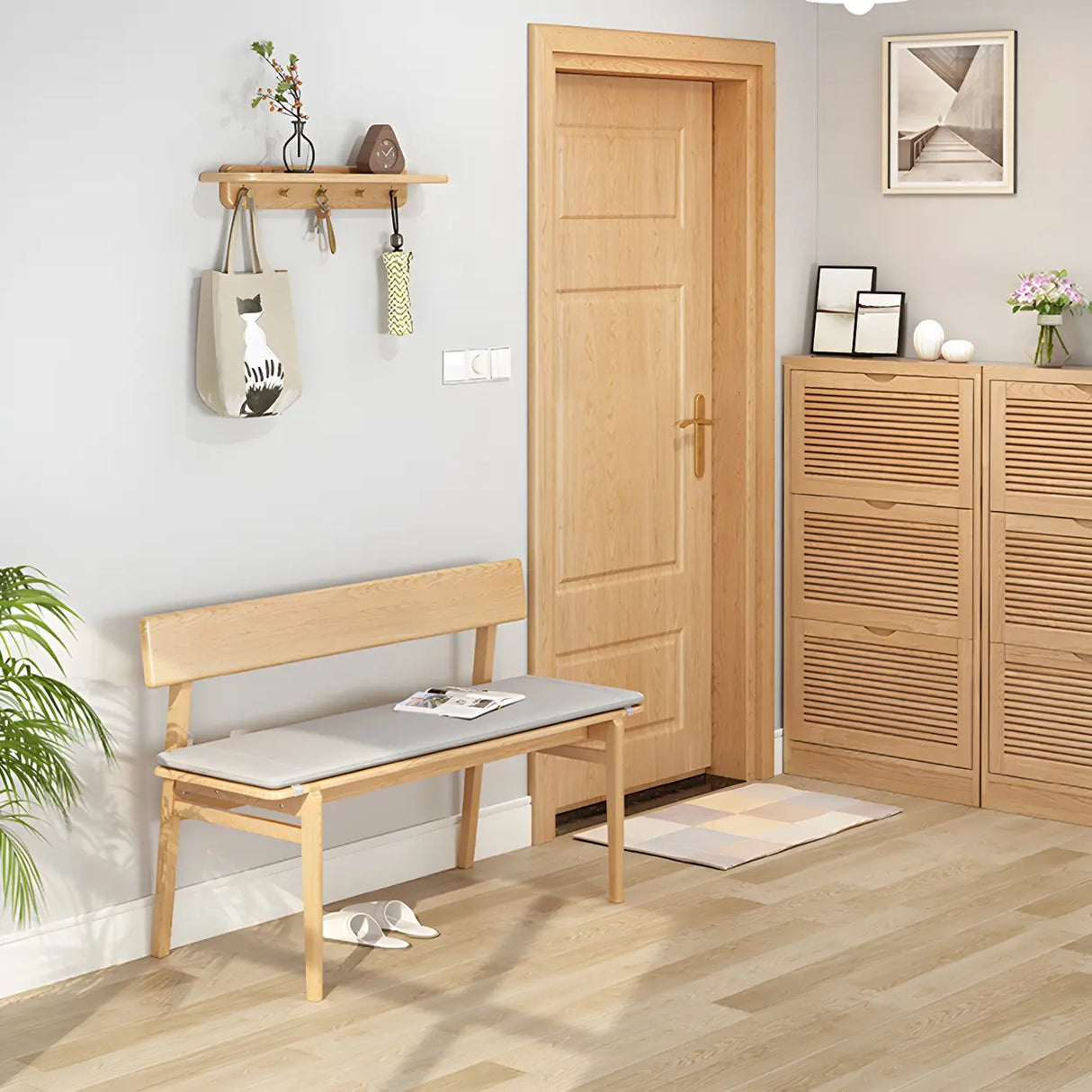 Natural Finish Cushioned Dining Bench with Back and Leg Image - 13