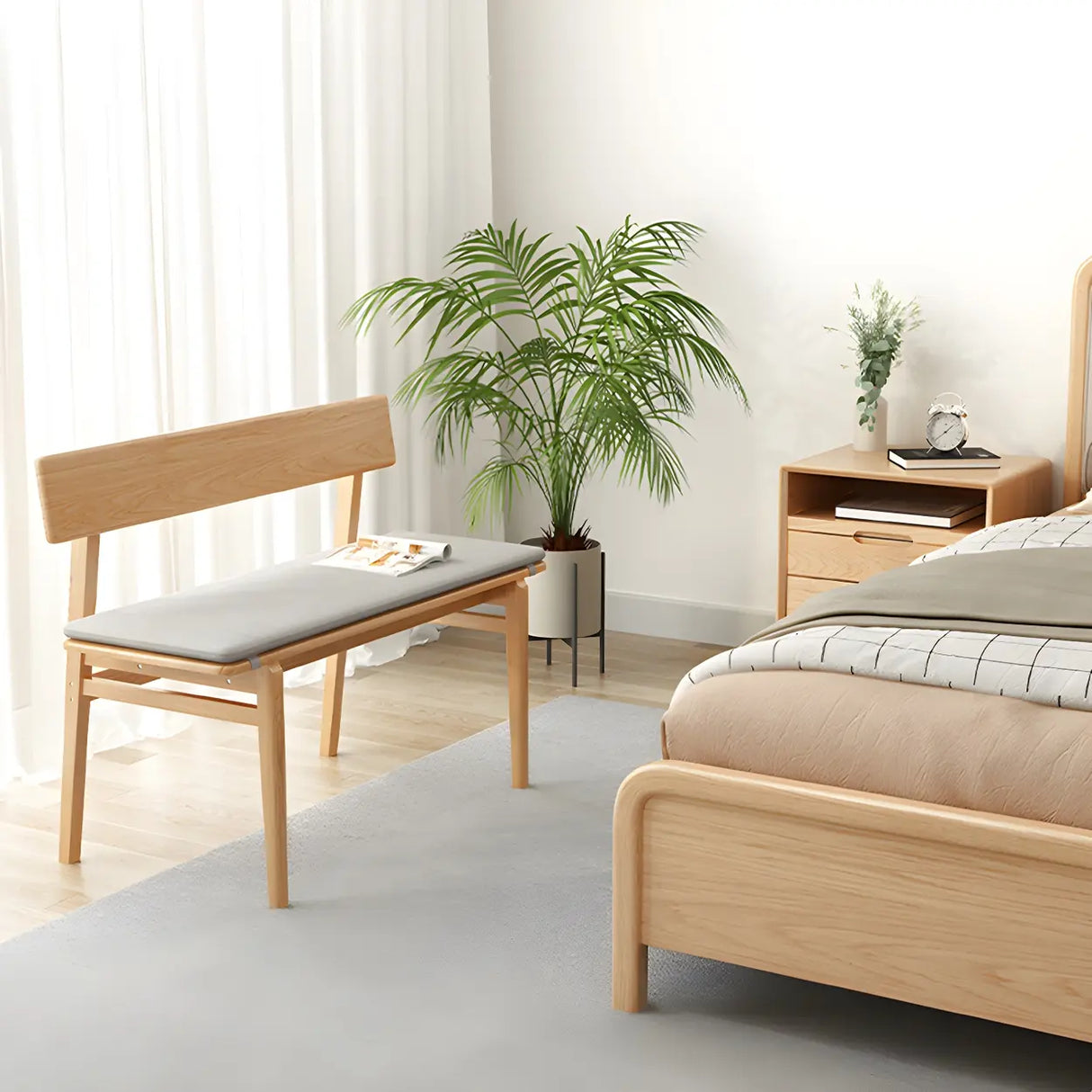 Natural Finish Cushioned Dining Bench with Back and Leg Image - 14