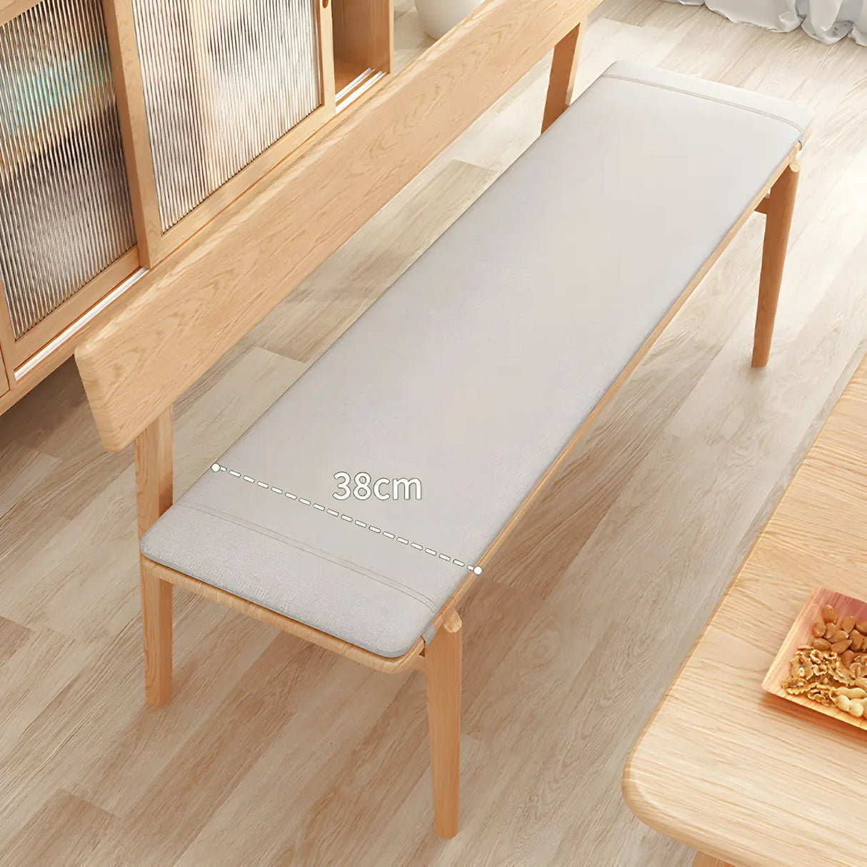 Natural Finish Cushioned Dining Bench with Back and Leg Image - 15
