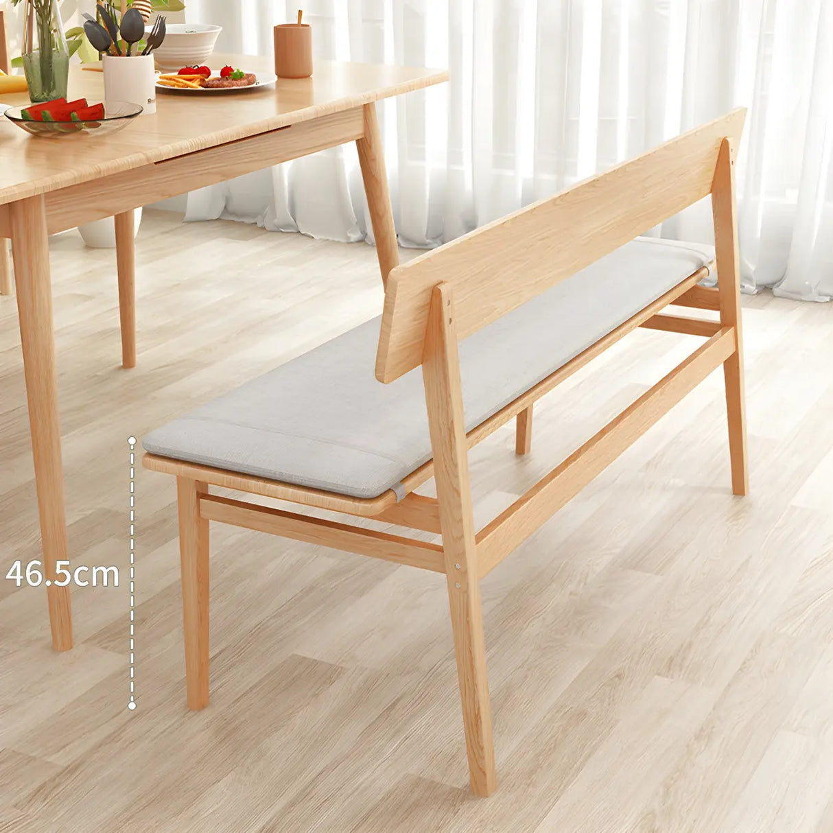 Natural Finish Cushioned Dining Bench with Back and Leg Image - 16