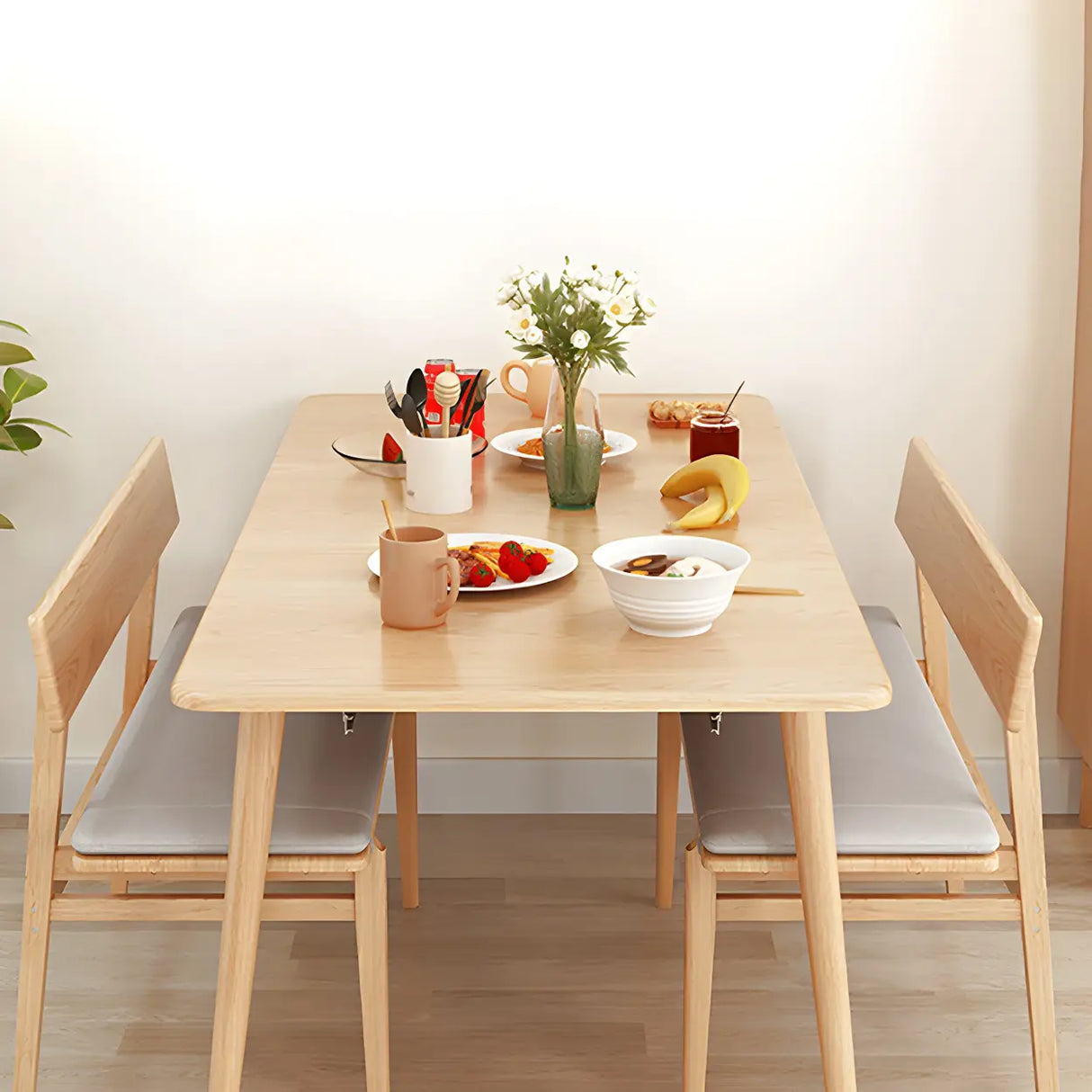 Natural Finish Cushioned Dining Bench with Back and Leg Image - 17