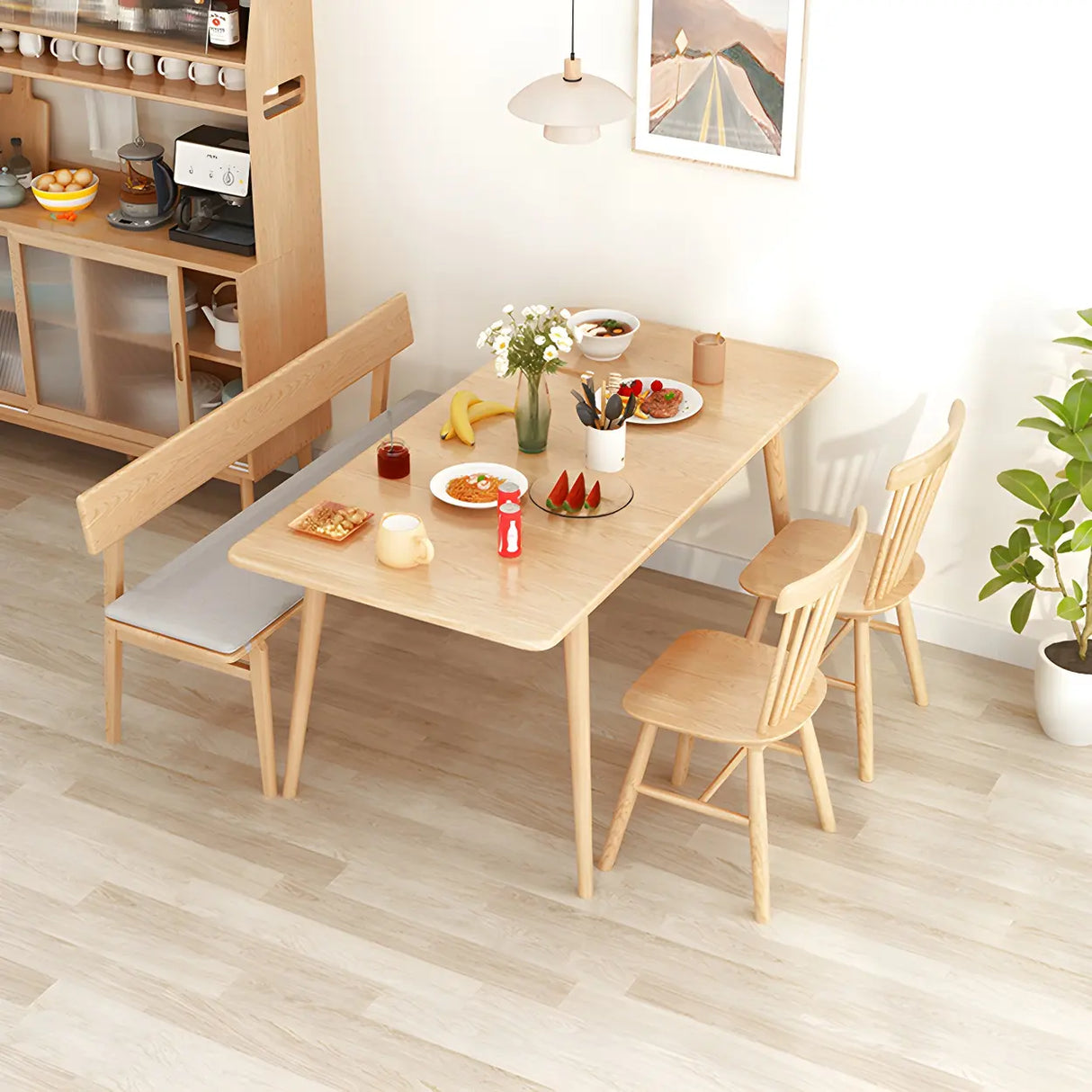 Natural Finish Cushioned Dining Bench with Back and Leg Image - 4