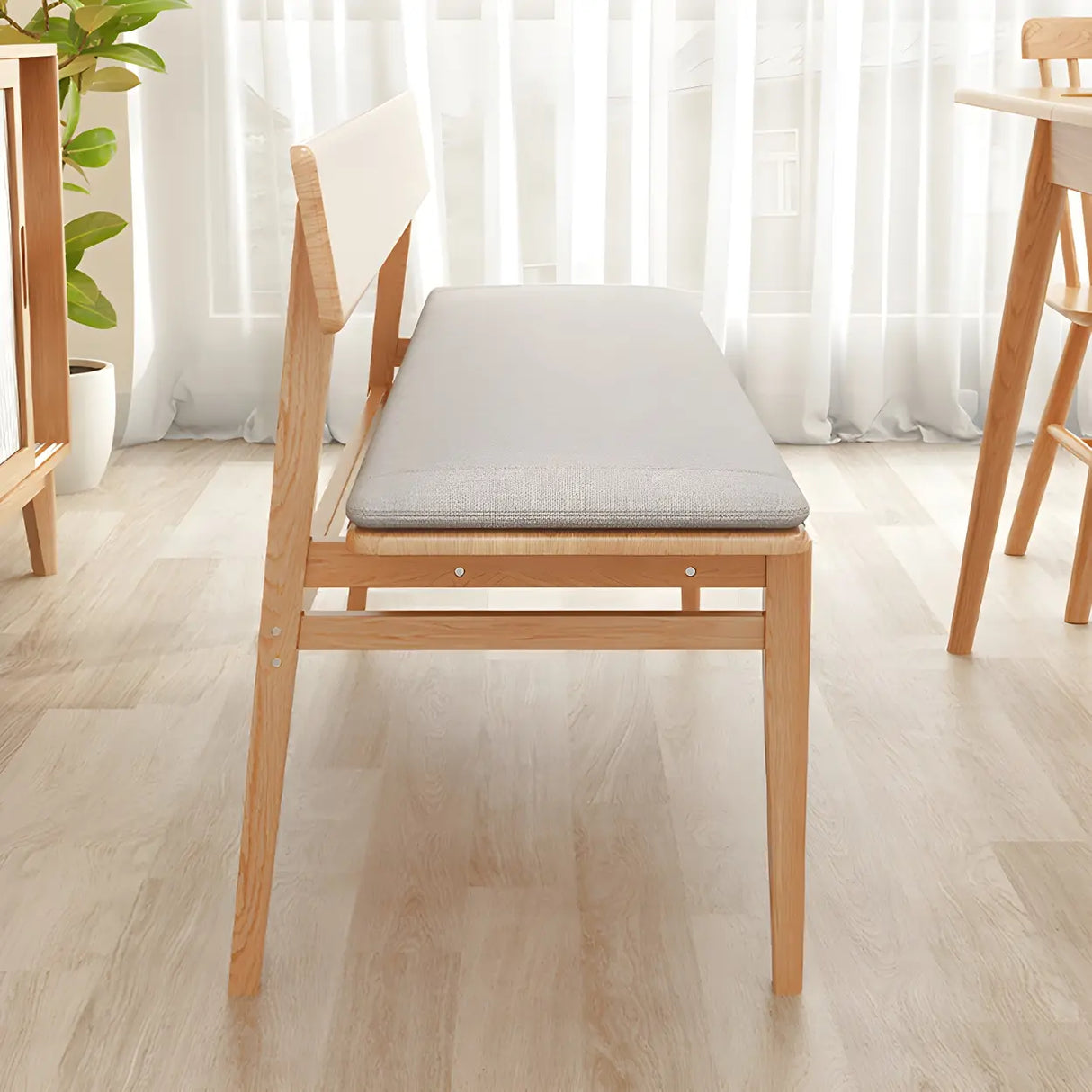 Natural Finish Cushioned Dining Bench with Back and Leg Image - 5