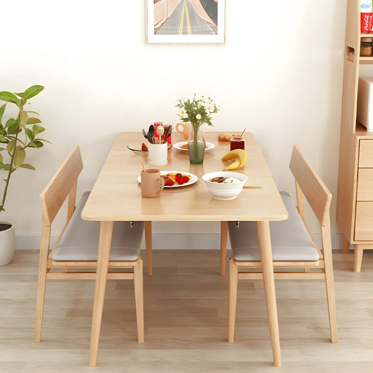 Natural Finish Cushioned Dining Bench with Back and Leg Image - 6