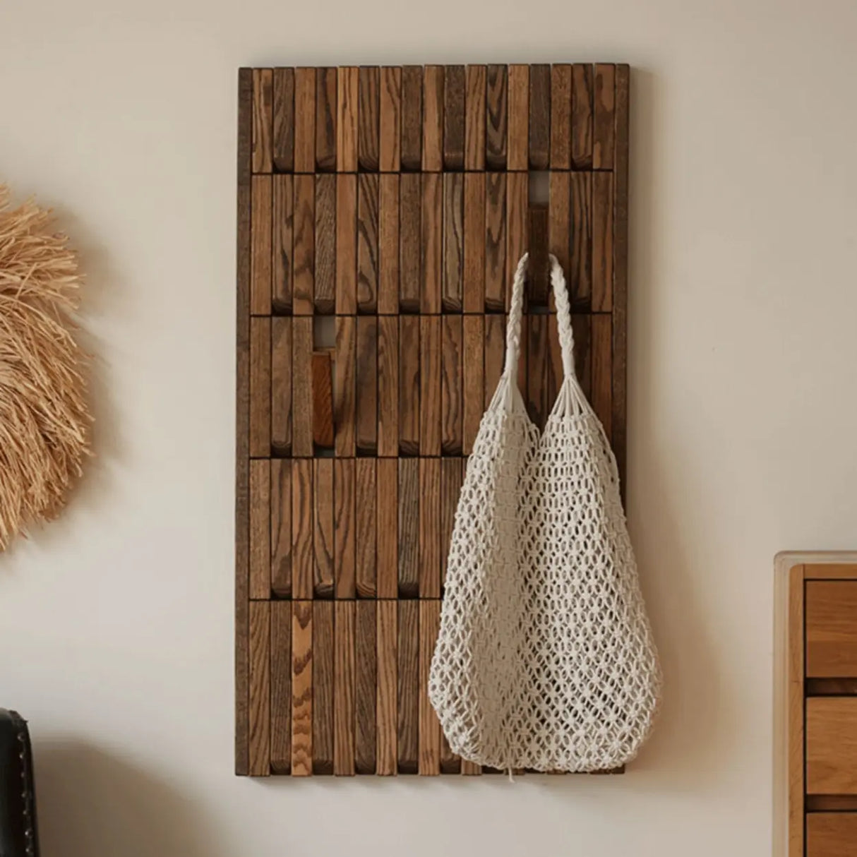 Natural Finish Hooks Wooden Floating Mount Hall Tree Image - 14