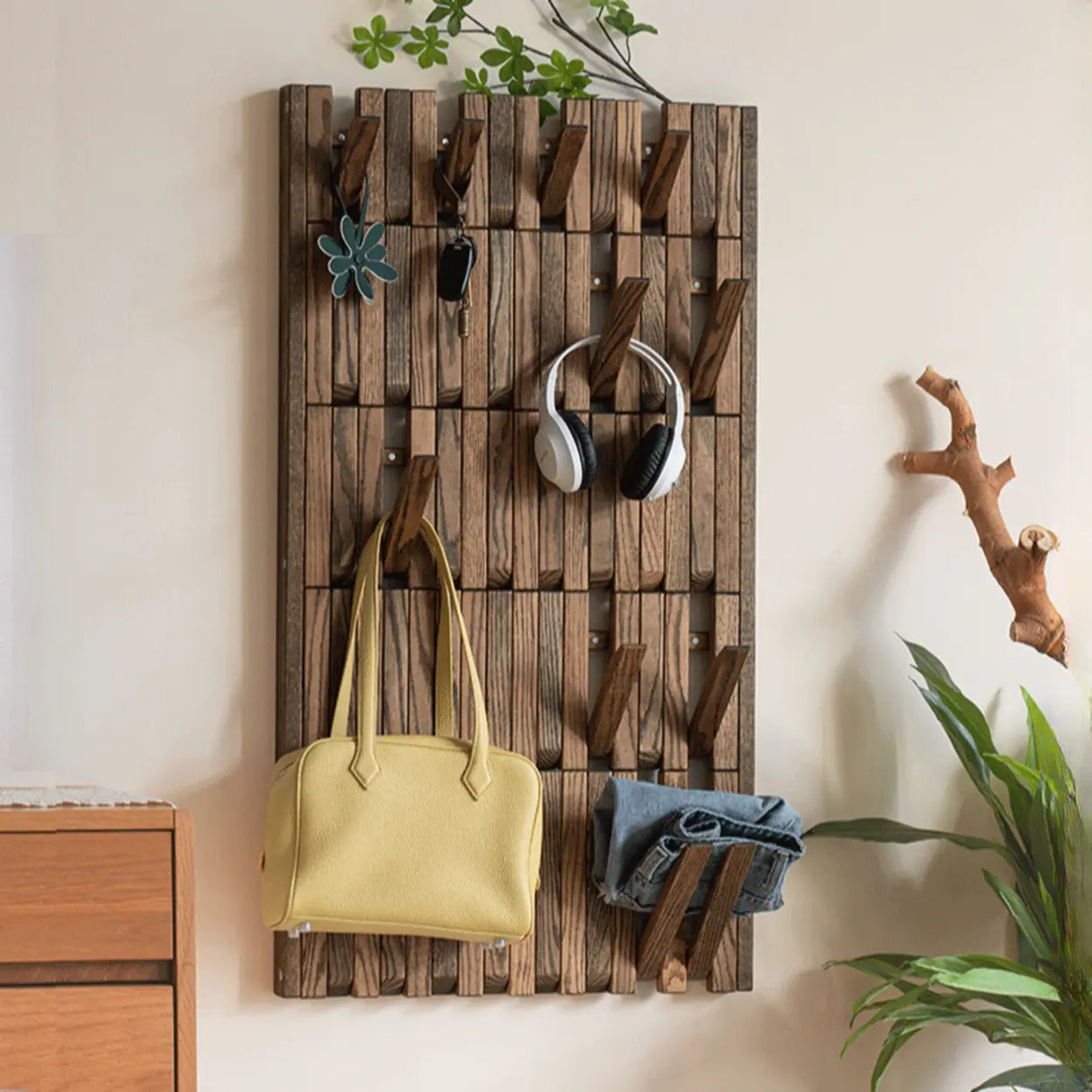 Natural Finish Hooks Wooden Floating Mount Hall Tree Image - 19