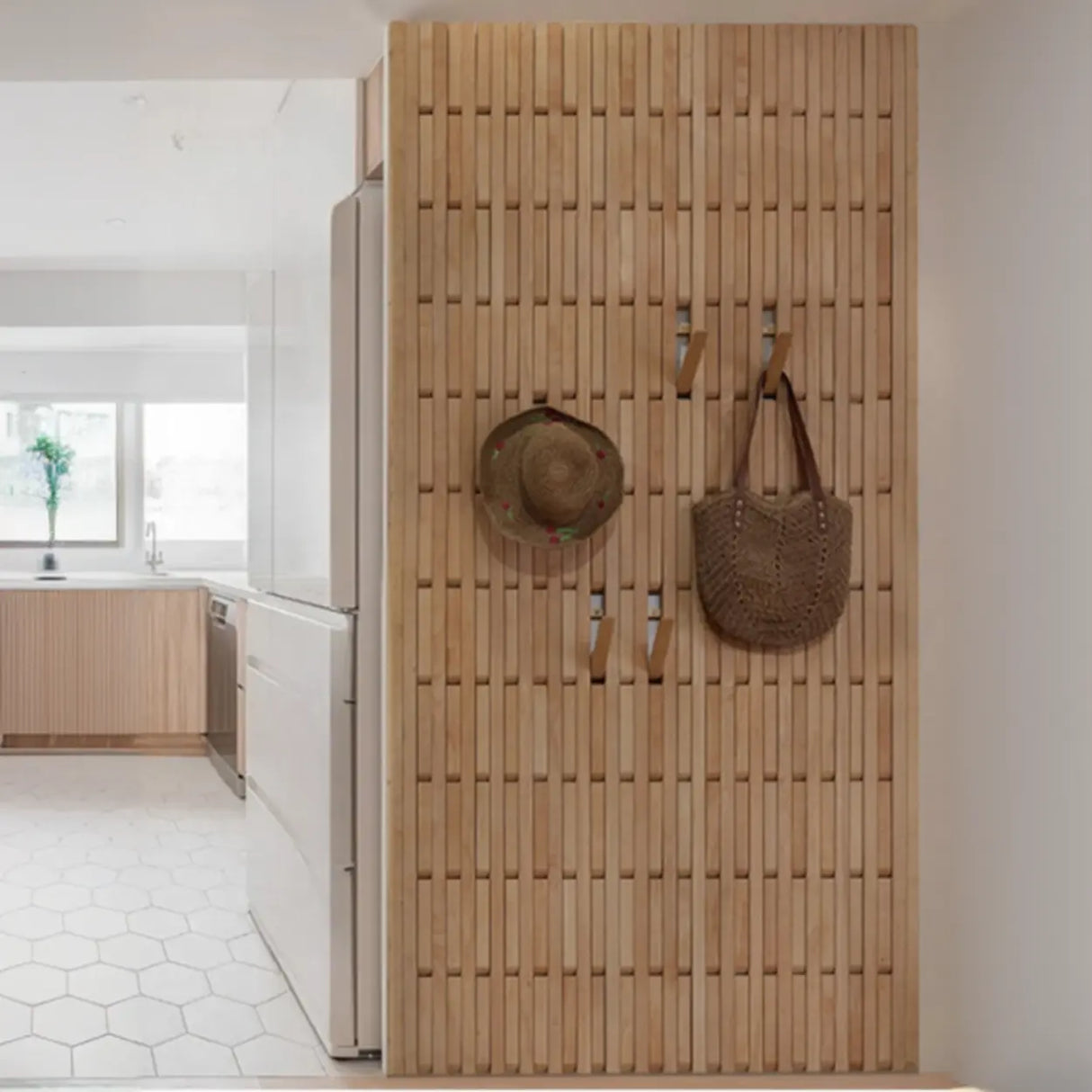 Natural Finish Hooks Wooden Floating Mount Hall Tree Image - 1