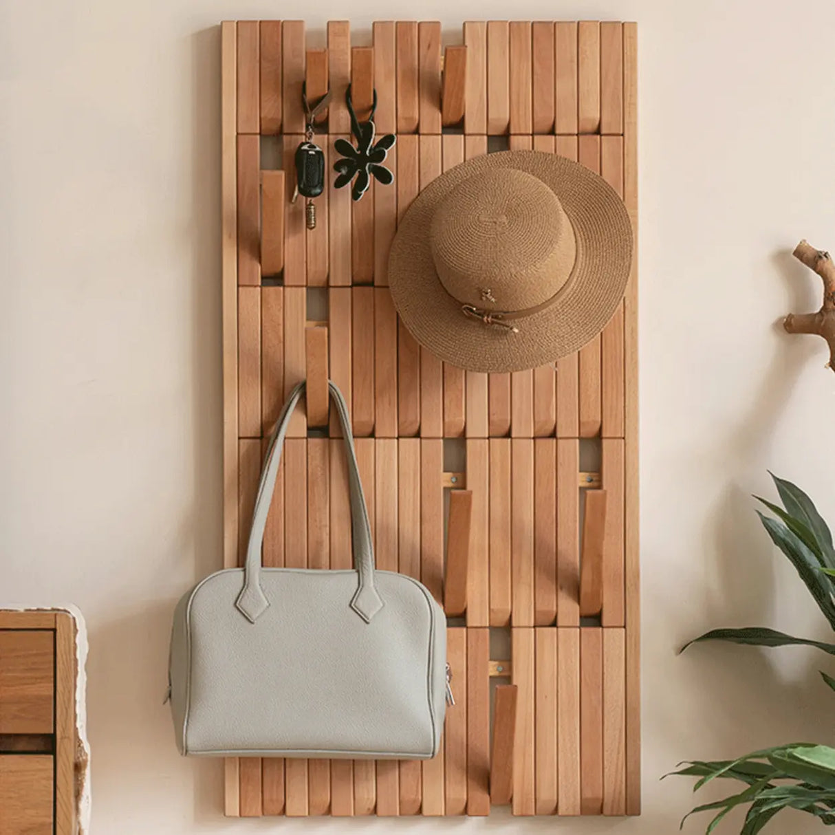 Natural Finish Hooks Wooden Floating Mount Hall Tree Image - 4