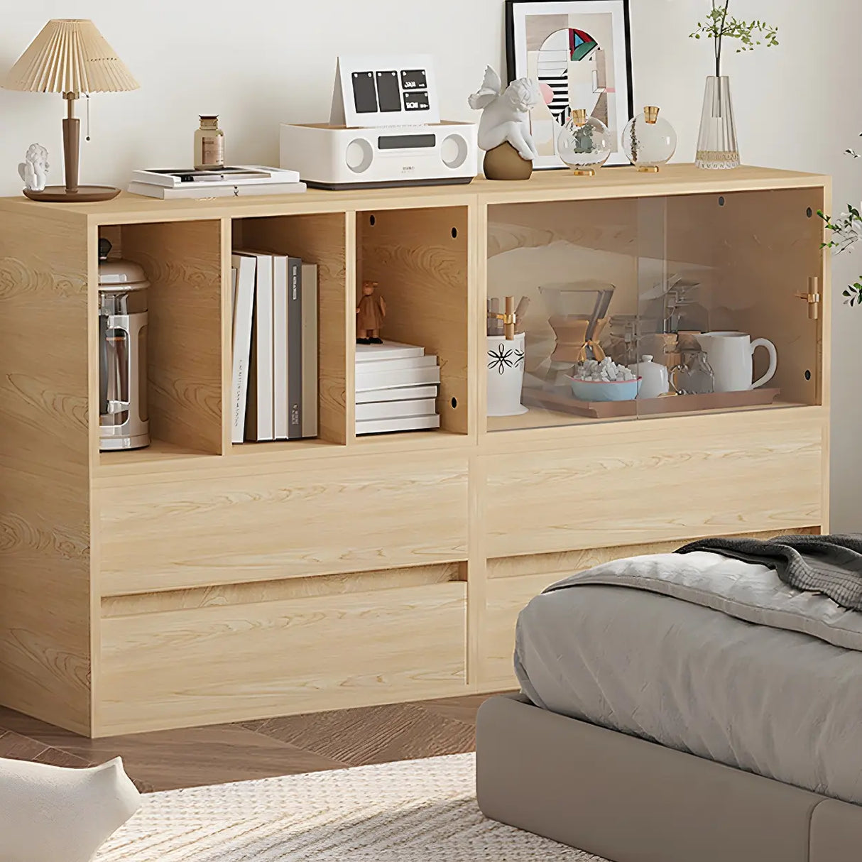 Natural Finish Horizontal Light Wood Dresser for Drawer Image - 4