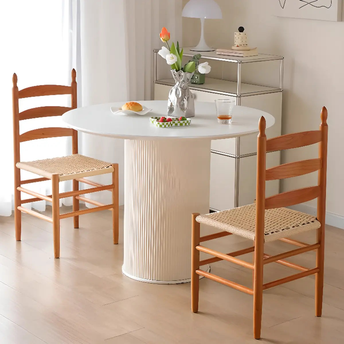 Natural Finish Ladder Back Woven Wooden Dining Chair Image - 1