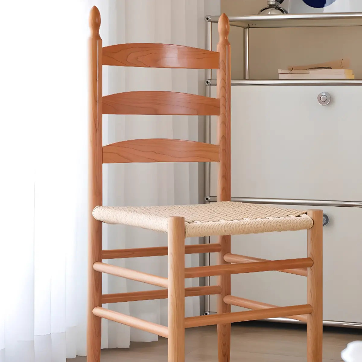 Natural Finish Ladder Back Woven Wooden Dining Chair Image - 4