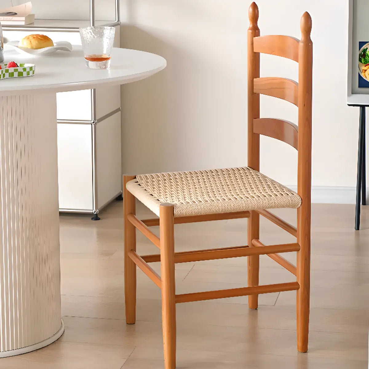Natural Finish Ladder Back Woven Wooden Dining Chair Image - 6