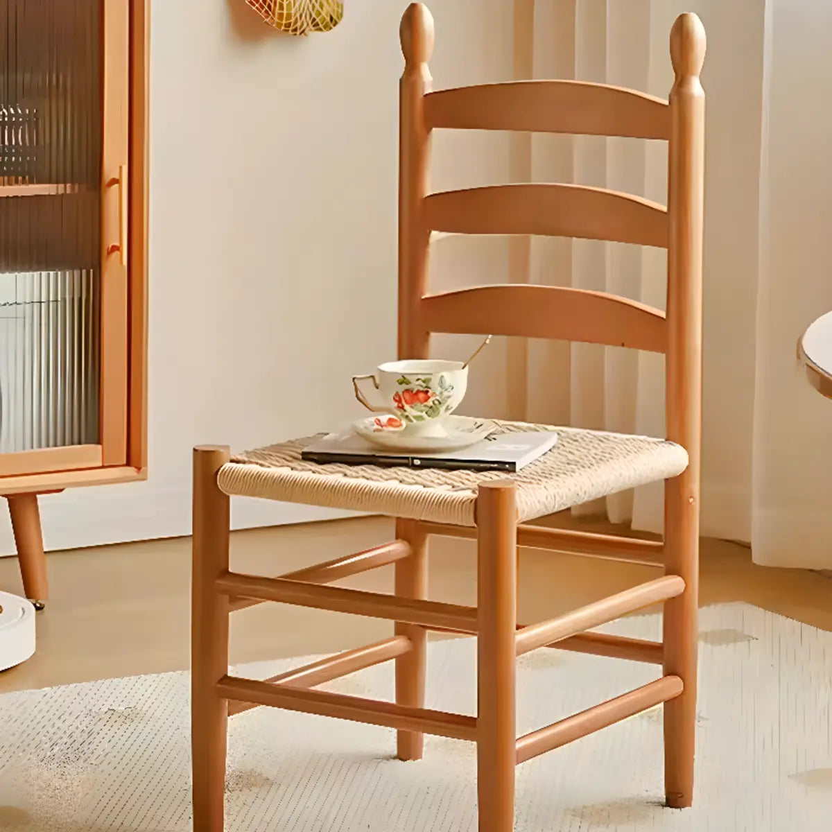 Natural Finish Ladder Back Woven Wooden Dining Chair Image - 8
