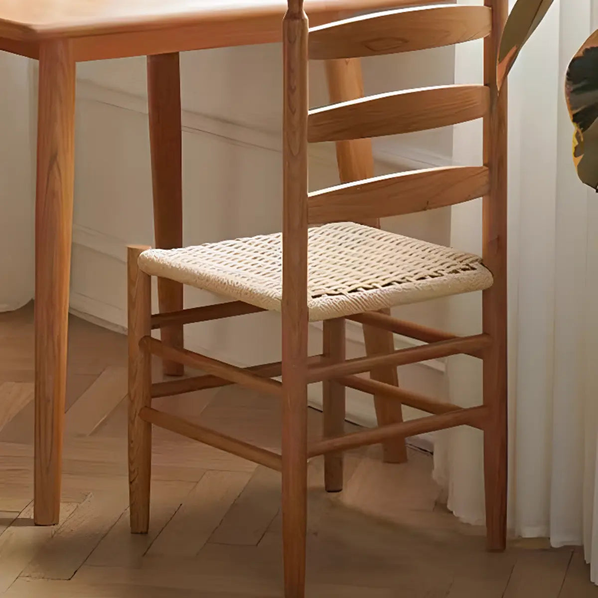 Natural Finish Ladder Back Woven Wooden Dining Chair Image - 9