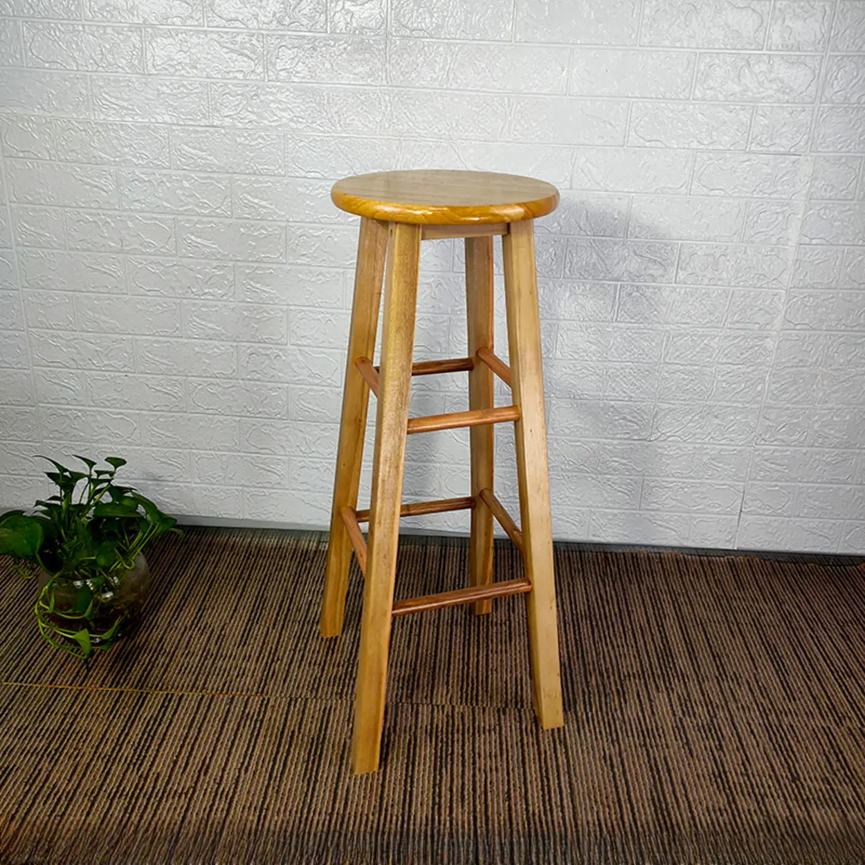 Natural Finish Oak Round Wood Backless Bar Stools Image - 13