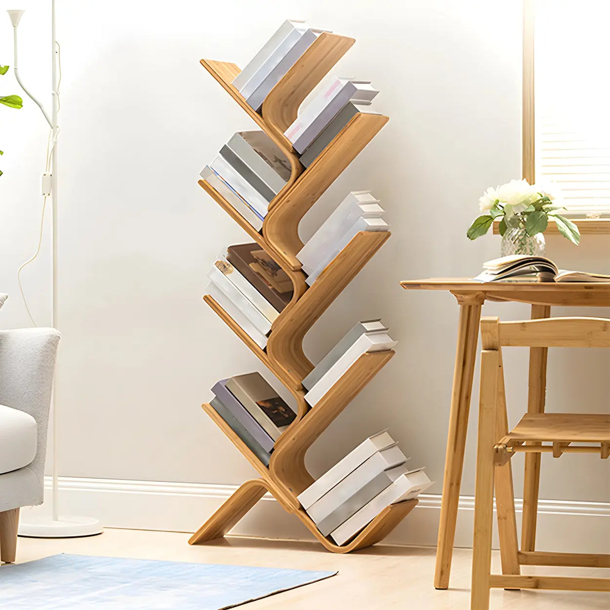 Natural Finish Open Bamboo Etagere Tree Shape Bookcase Image - 1