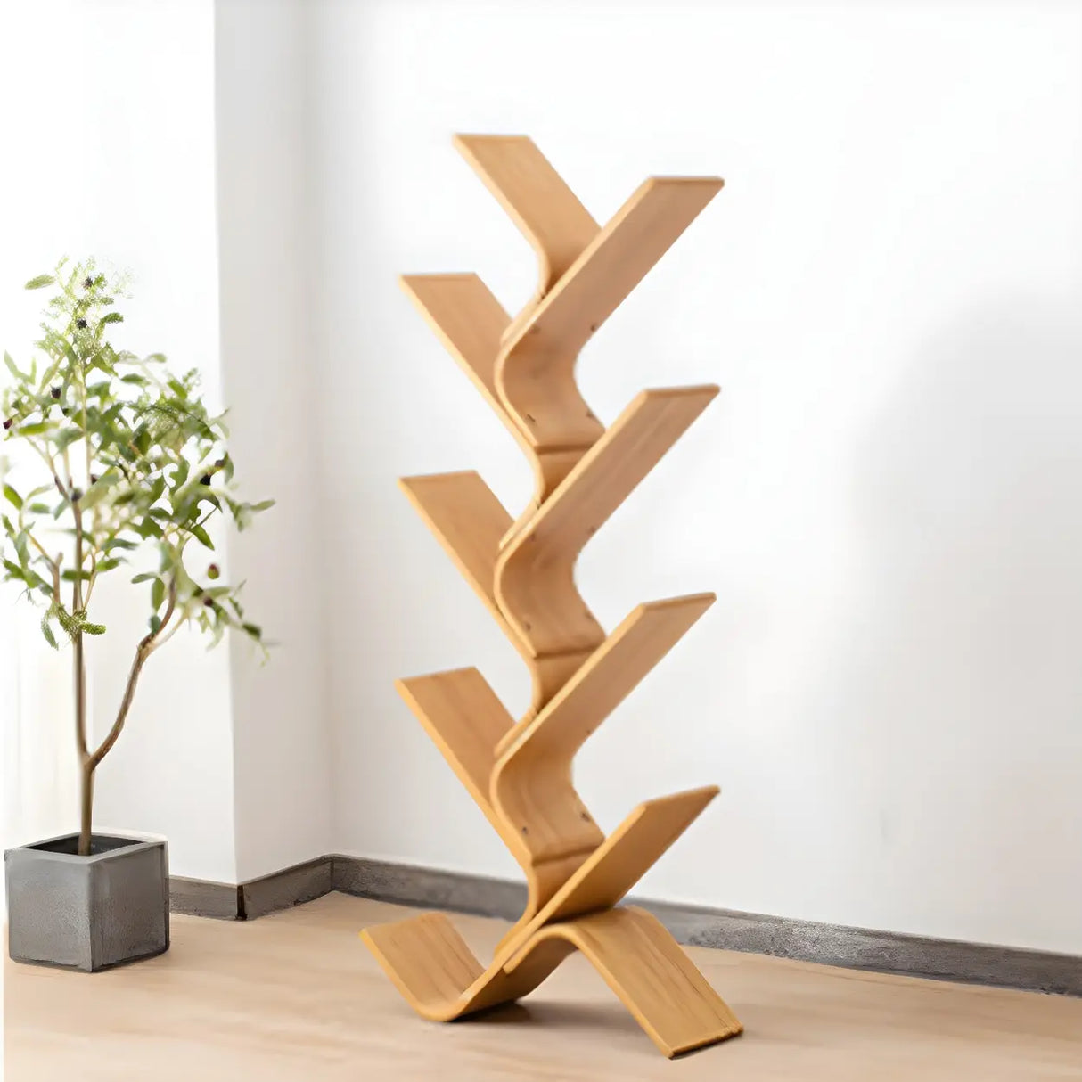 Natural Finish Open Bamboo Etagere Tree Shape Bookcase Image - 11