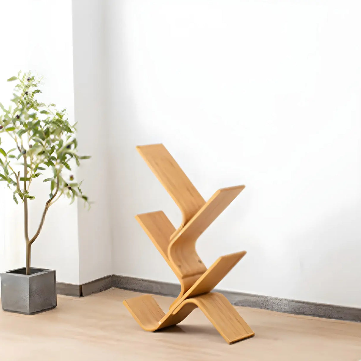 Natural Finish Open Bamboo Etagere Tree Shape Bookcase Image - 3