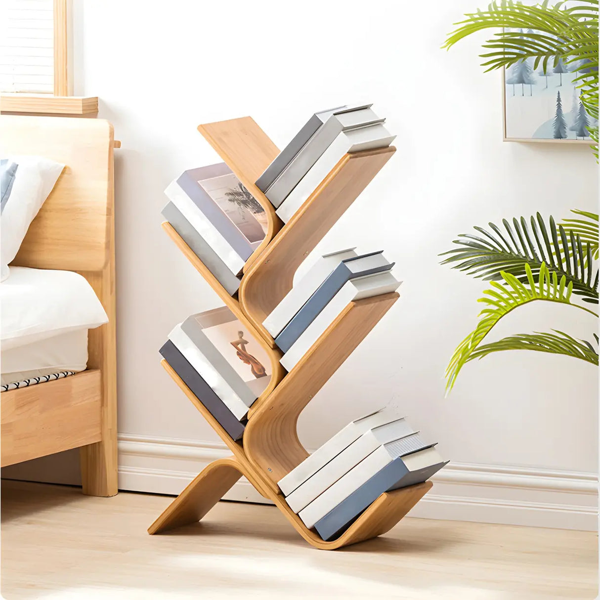 Natural Finish Open Bamboo Etagere Tree Shape Bookcase Image - 4